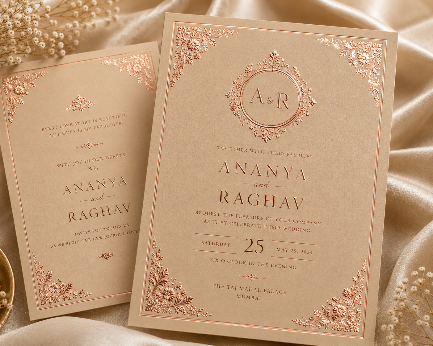 Wedding card with premium gold foil detailing.