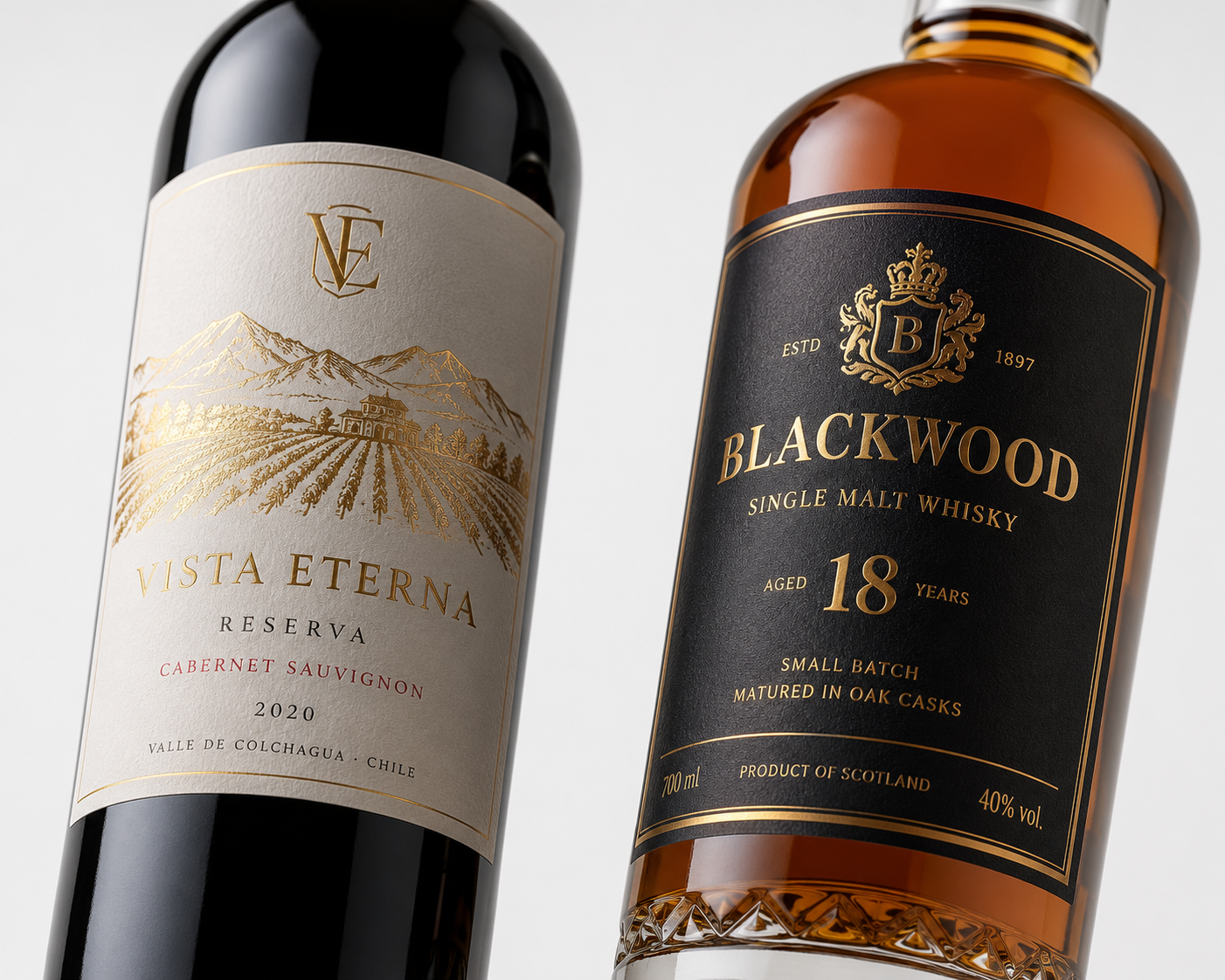 Wine and spirit bottle labels with premium foil finishing.