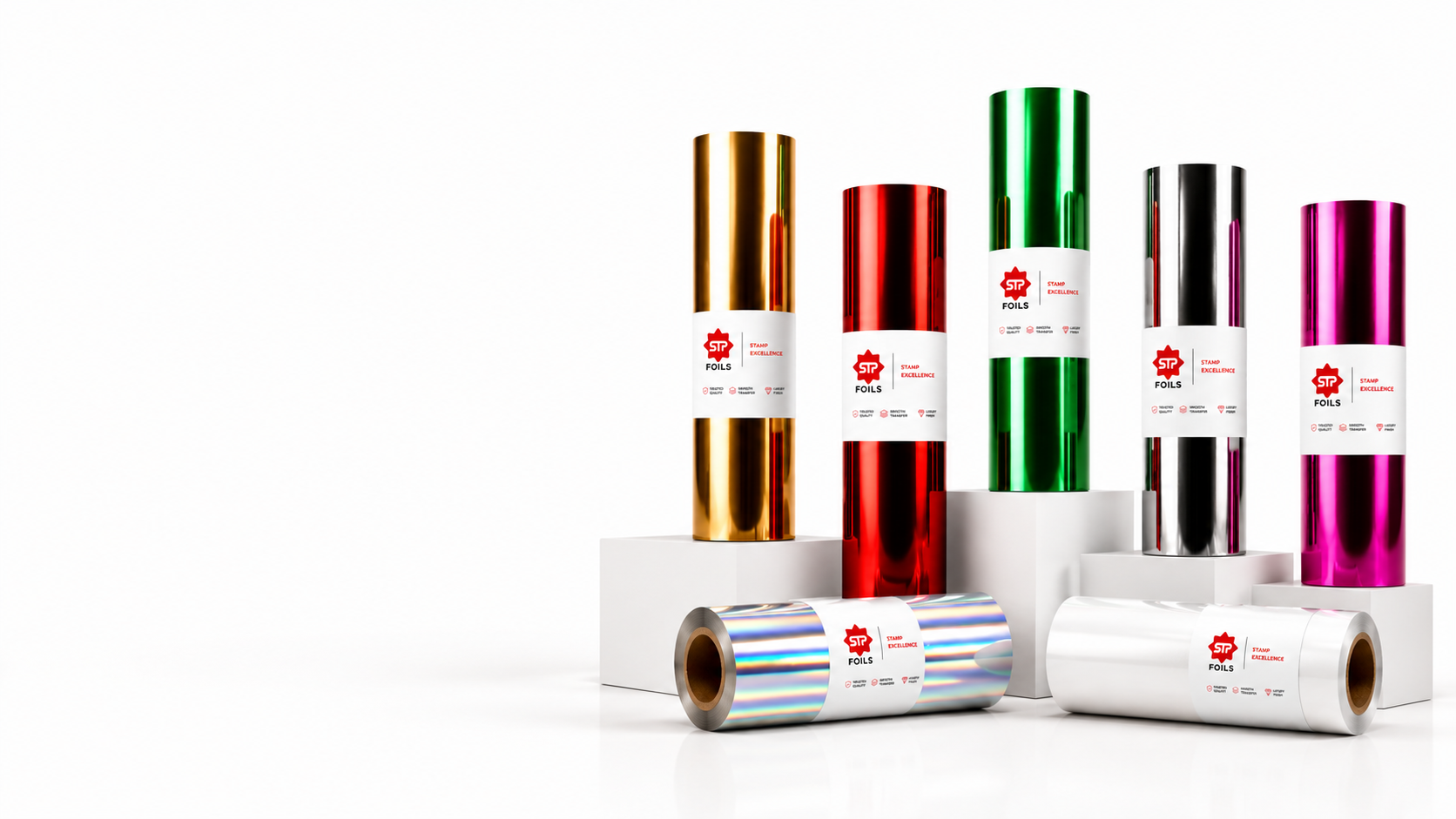 STP Foils stamping foil rolls in gold, red, green, silver, black, magenta and holographic finishes